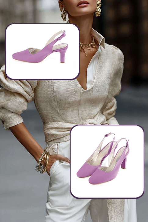 Dress slingback heels in mauve purple with kitten heels and round toe - Worn view